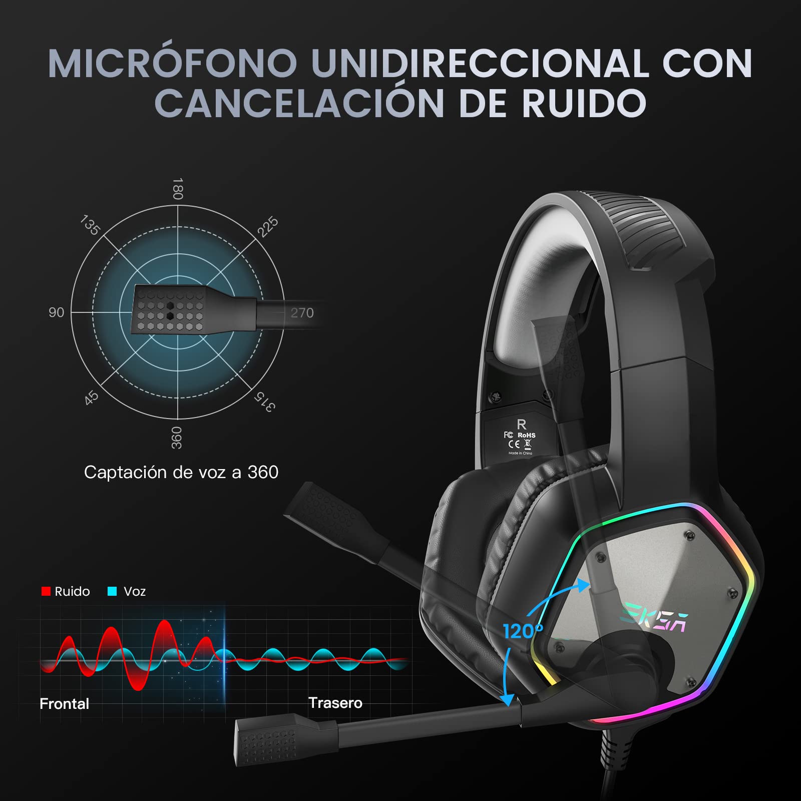 EKSA E1000 Cascos Gaming USB para PC, Over Ear Auriculares Gaming con Cable, Micrófono con Cancelación de Ruido, Sonido Envolvente 7.1, Luz RGB para Consola PS4 / PS5,Laptop