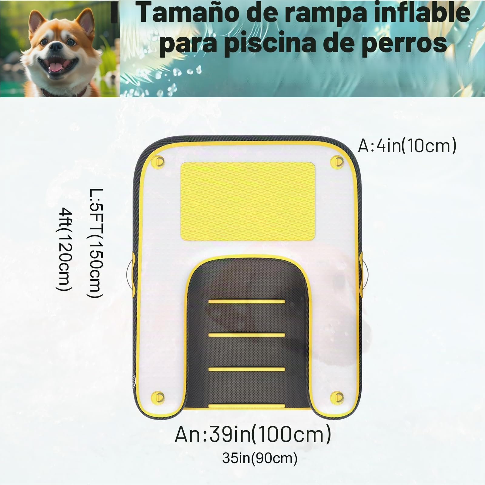 HEYLIFE Rampa inflable para perros Muelle flotante Balsa de agua Escalera para piscina Hasta 100 kg Amarillo 122 cm x 91 cm x 10 cm
