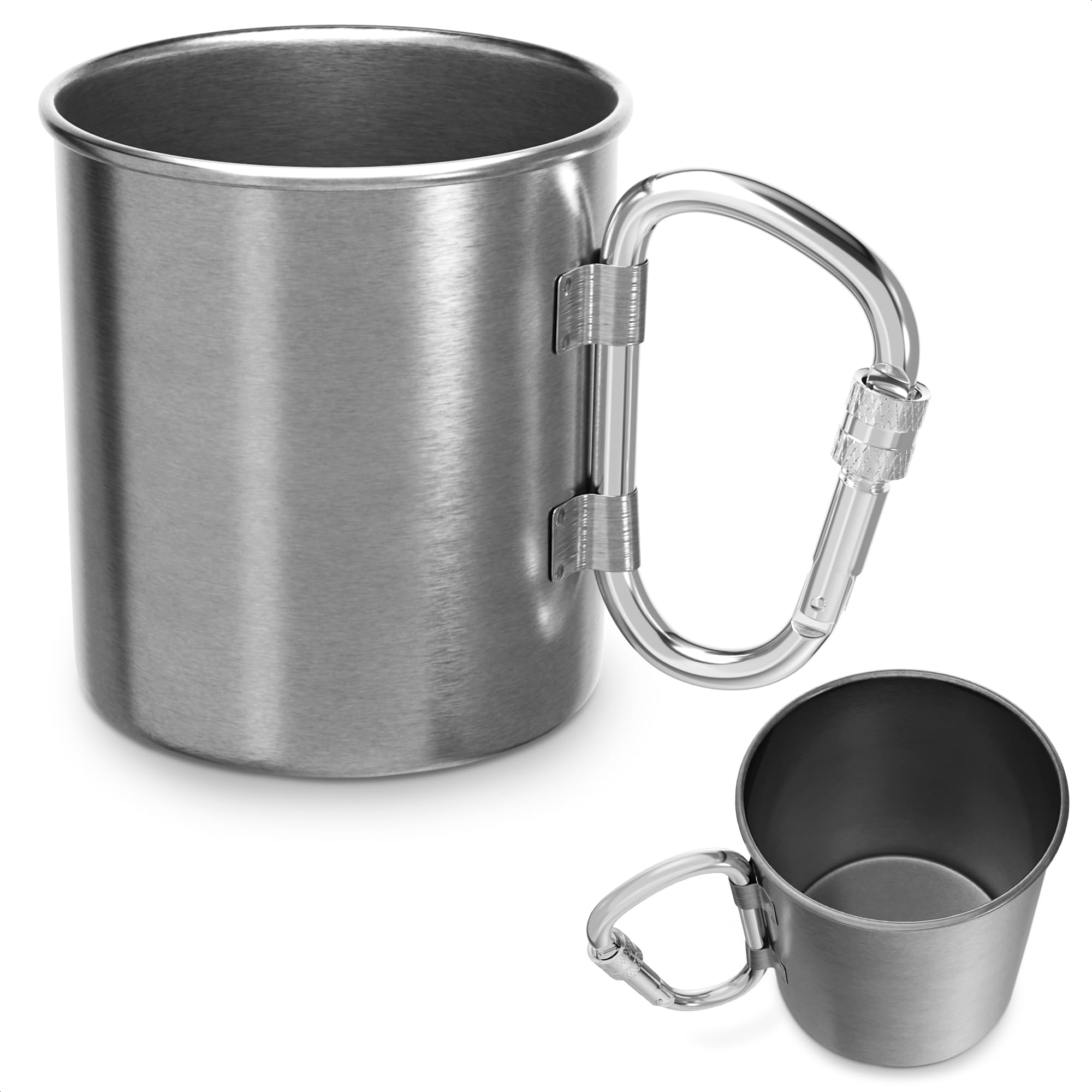 Stainless Steel Mug with Handle - Coffee Camping Mug with Carabiner Handle Portable Backpack Outdoor Cup Lightweight Camping Gear for Men - 13.5Oz Backpacking Coffee Cup Hiking Gift Climbing Mug