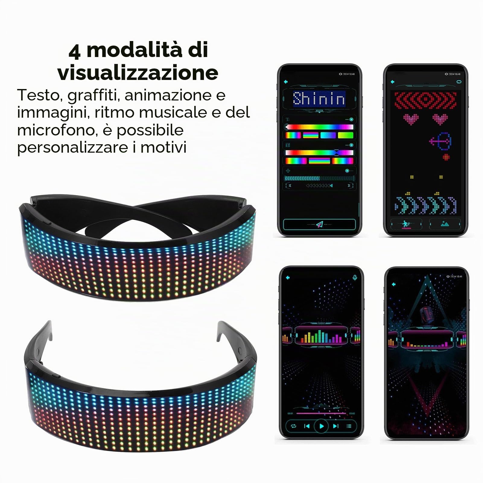 Topiky Occhiali Illuminanti RGB Personalizzabili Controllati APP, Occhiali Intelligenti con Display LED, Occhiali Illuminanti per Adulti, Classici, Unisex, LED 12x36, ABS, Musica e Arte