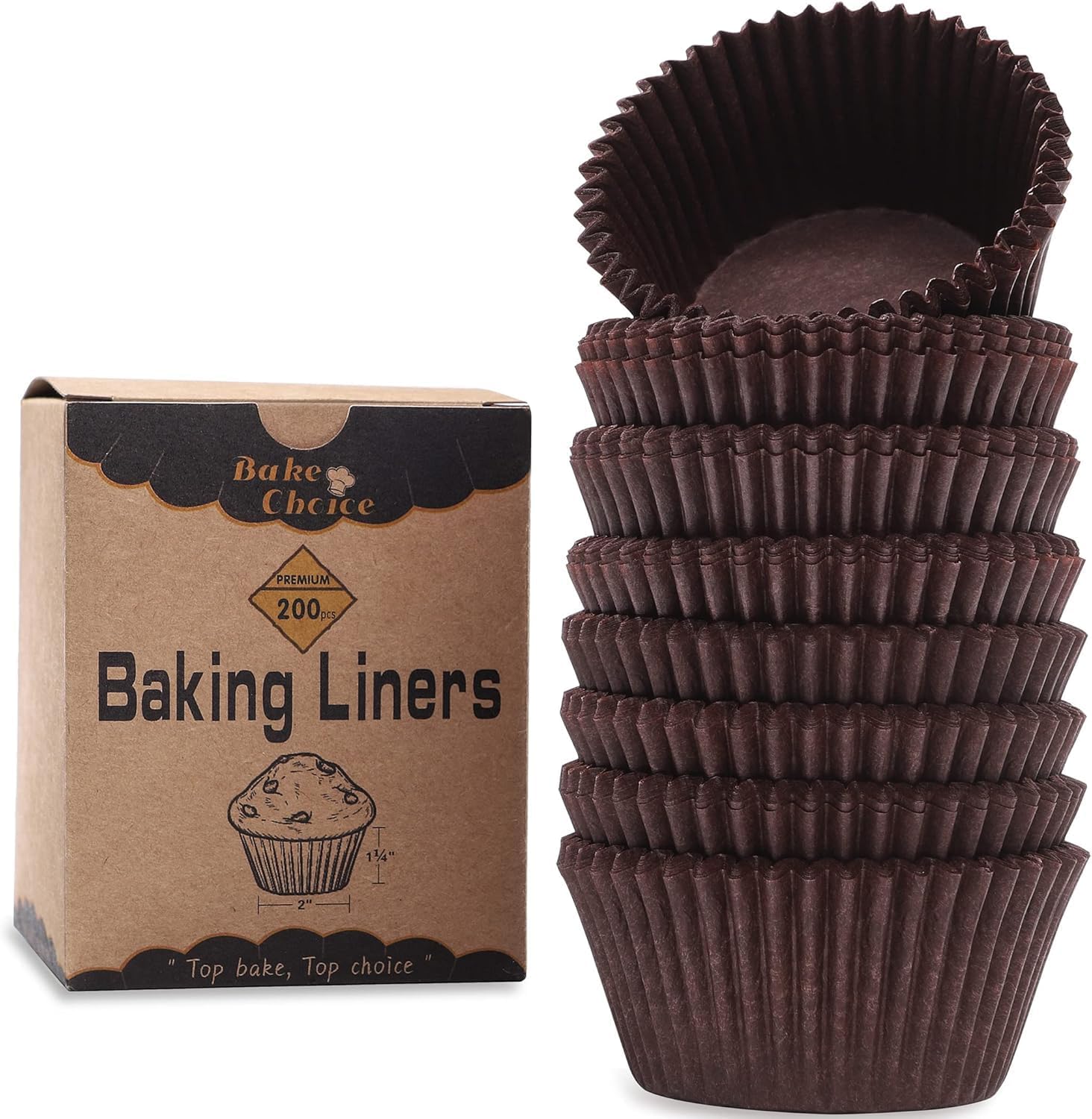 Bake Choice 200pcs Standard Brown cupcake liners for baking,food-grade cupcake wrappers, grease-proof parchment muffin liners for Christmas decorations
