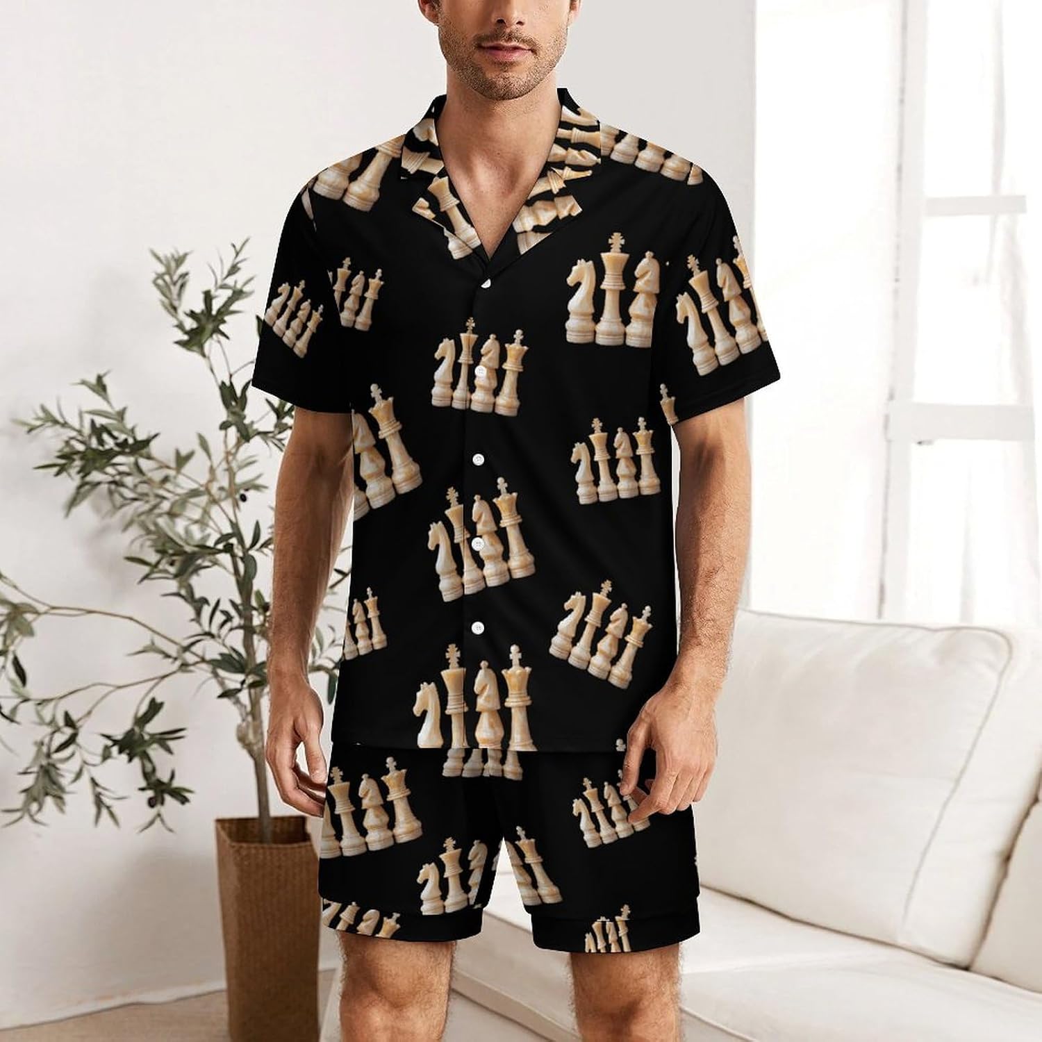 Chess Pieces Men's Short Sleeve Pajama Set Satin Silk Like Lounge Sleepwear