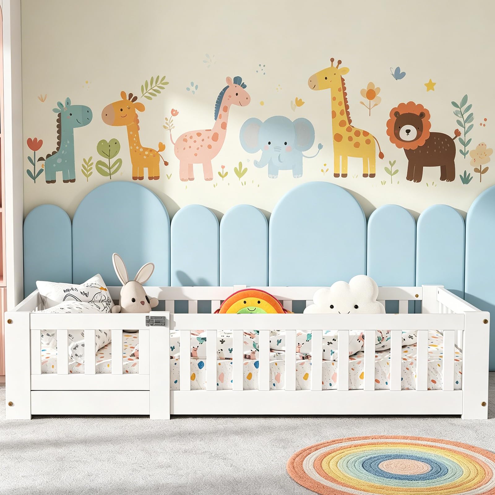 Bodenbett 90x200 cm Kinderbett mit Rausfallschutz und Lattenrost, Montessori Bett für Kinder, Kiefer Massivholz, weiß (Weiß, 90 x 200 cm)