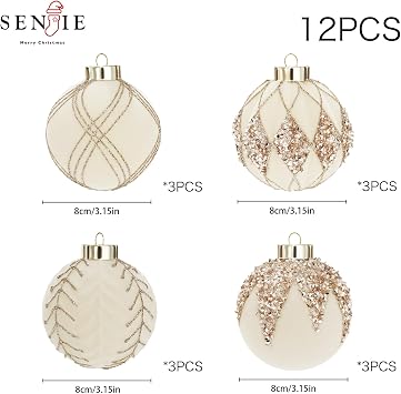 3.15INCH Beige Velvet Ornaments for Christmas Tree, 12PCS Glitter Flocked Christmas Ornaments Decorations Balls Set Decor