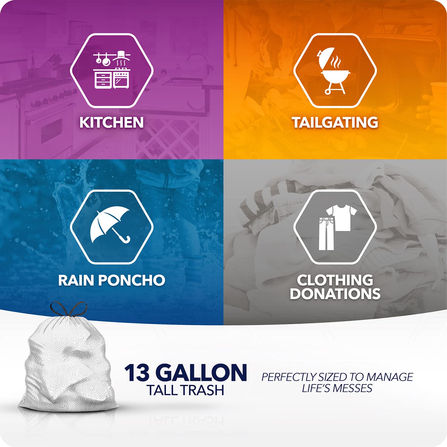 Color Scents Bolsas de basura altas para cocina, 13 galones, 160 bolsas en total (8 paquetes de 20 unidades), cordón - Bolsa plateada en aroma Simply Clean con Microban