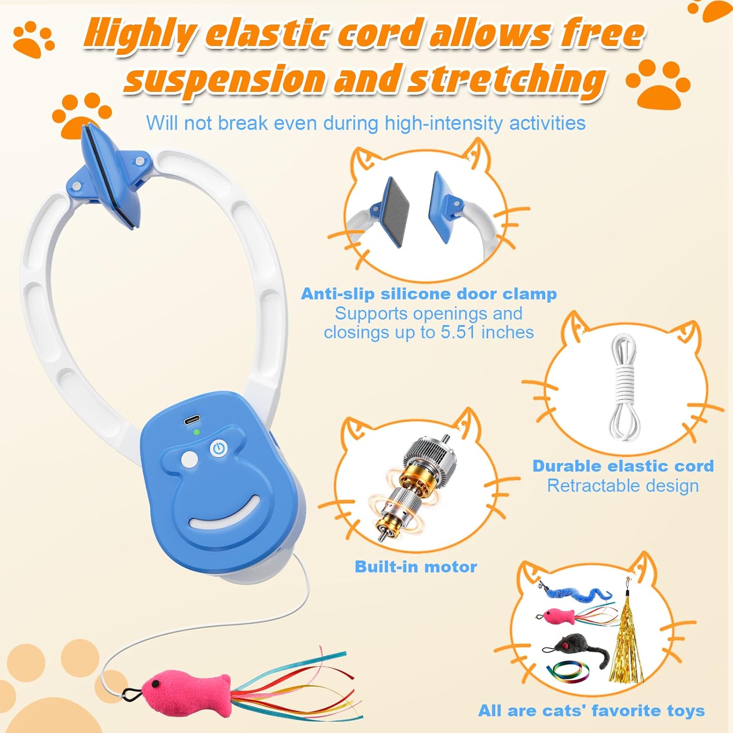 Automatic Interactive Cat Toy Rechargeable, Hanging Cat Toy, Cat Door Toy, Cat Enrichment Toys for Indoor Cats & Kitten, Doorway Electric Cat Teaser for Exercise, Boredom Relief & Fun Games