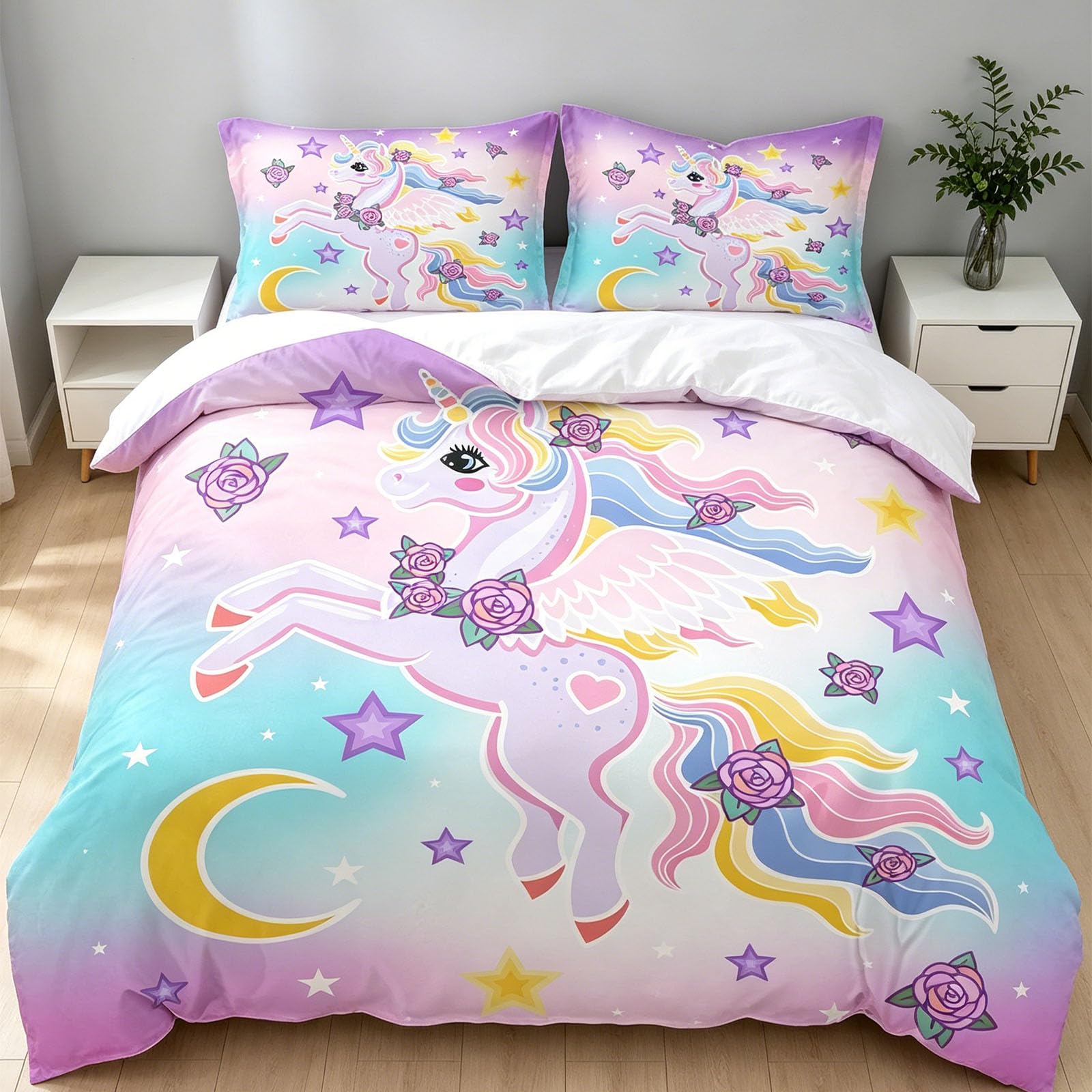 Parure de lit licorne 220x240 rose avec housse de couette