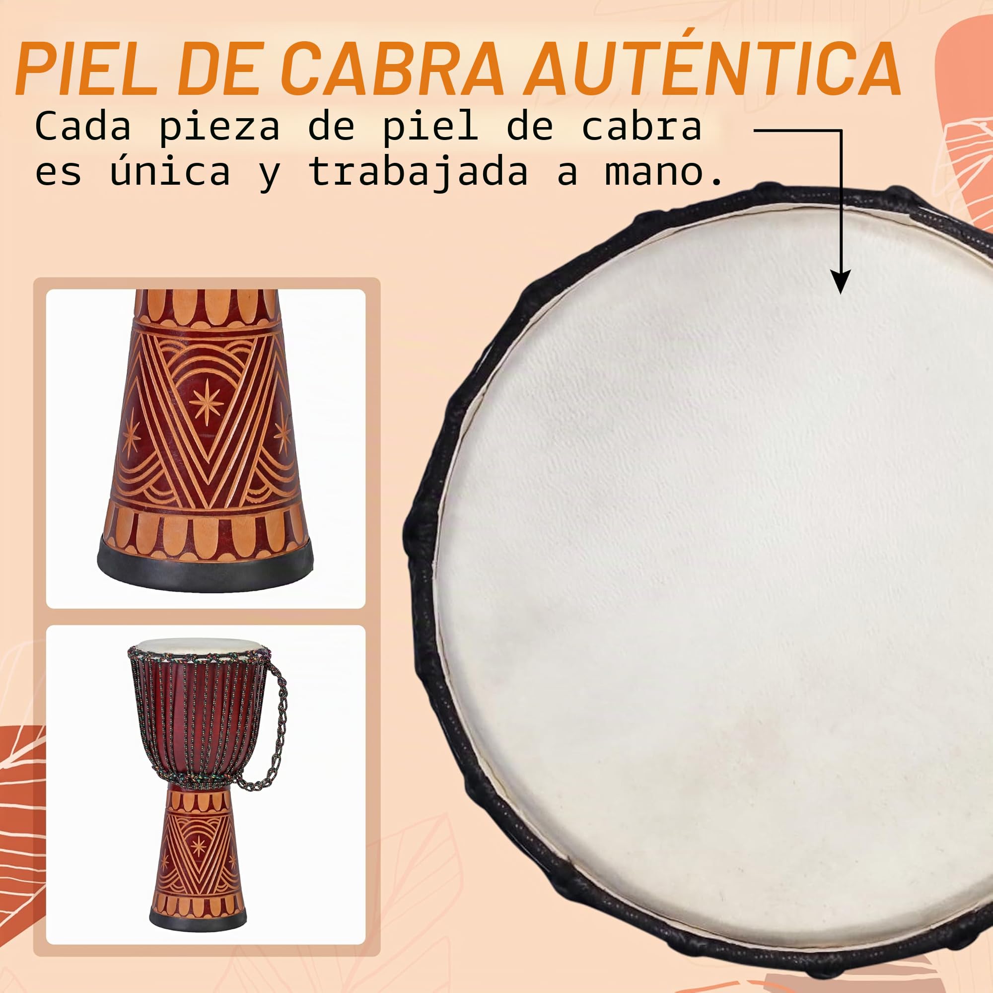 Djembe de Madera 60 cm – Tambor Africano Hecho a Mano con Piel de Cabra – Instrumento de Percusión Bongo – Sonido Potente y Claro