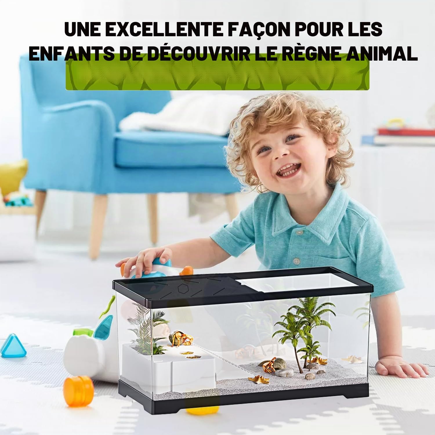Aquarium pour tortues avec plateforme et drainage inférieur, 40,1 x 20,3 x 22,4 cm, pour tortues juvéniles, écrevisses, crabes, amphibiens, reptiles - Noir