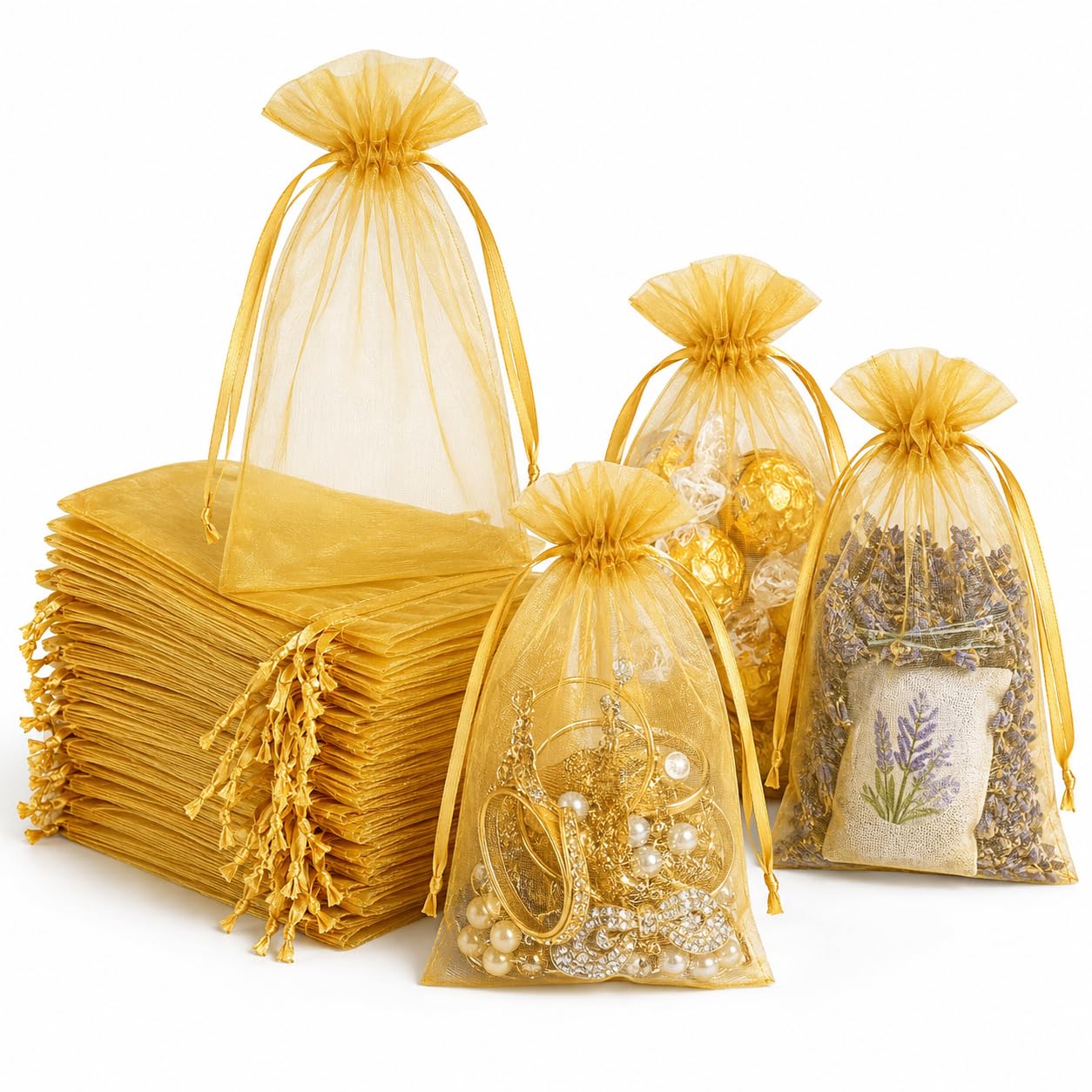 Hopttreely Gold Organza Gift Bags 6x9 Inch, 50PC High-Density Drawstring Mesh Favor Packaging for Jewelry Candy Sachet Goodie, Mini Mesh Favor Bags for Graduation Wedding Baby Shower Birthday Party Gifts