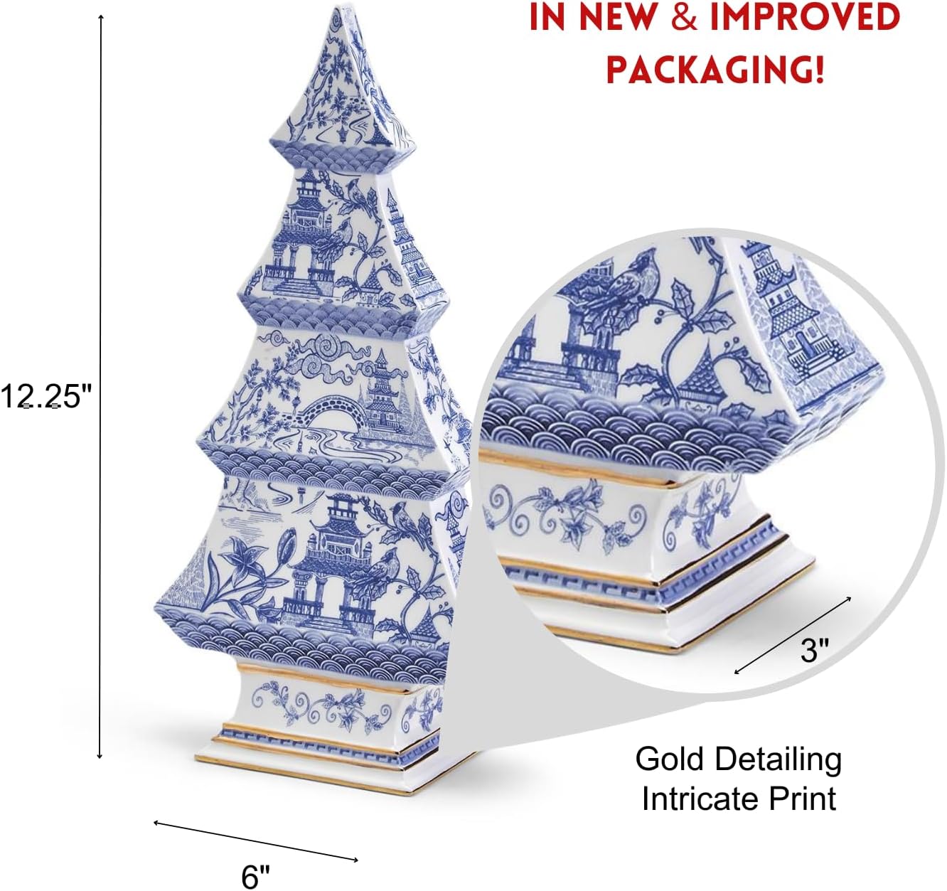 Two's Company Inc. White & Blue Ceramic Christmas Tree, 12" Vintage Tabletop Holiday Figurine, Chinoiserie Xmas Table Decor