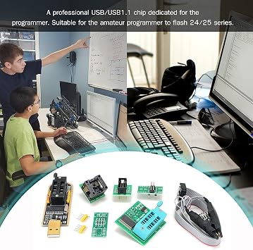 LANRU USB Programmer Kit with SOP8 Clip EEPROM Burner BIOS Flasher SPI Flash Programmer Kit with 1.8V Adapter and 150mil SOP8 Socket for 24/25 Series