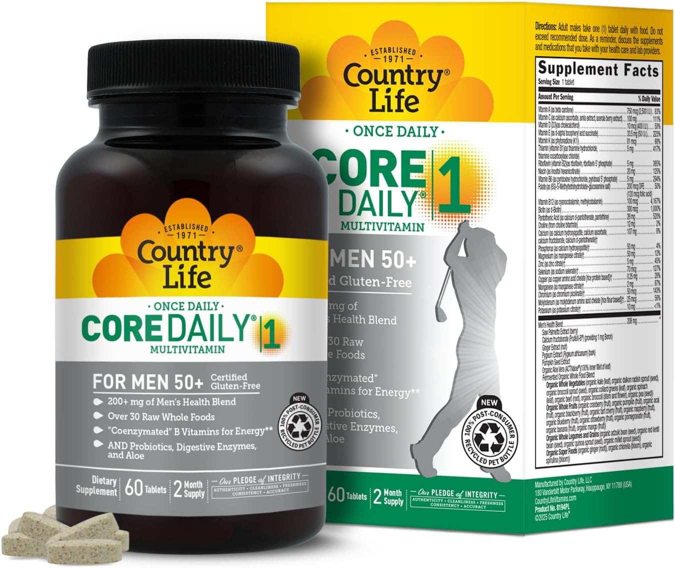 Country Life CORE Daily-1 Multivitamin for Men 50+ - Gluten-Free, Energy Support with Coenzymated B Vitamins, Probiotics, Whole Food and Digestive Enzymes, Certified Gluten Free, 60 Tablets