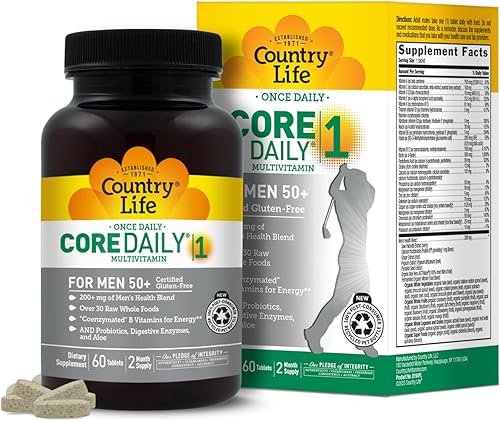Country Life CORE Daily-1 Multivitamínico para hombres mayores de 50 años, sin gluten, apoyo energético con vitaminas B coenzimadas, probióticos,