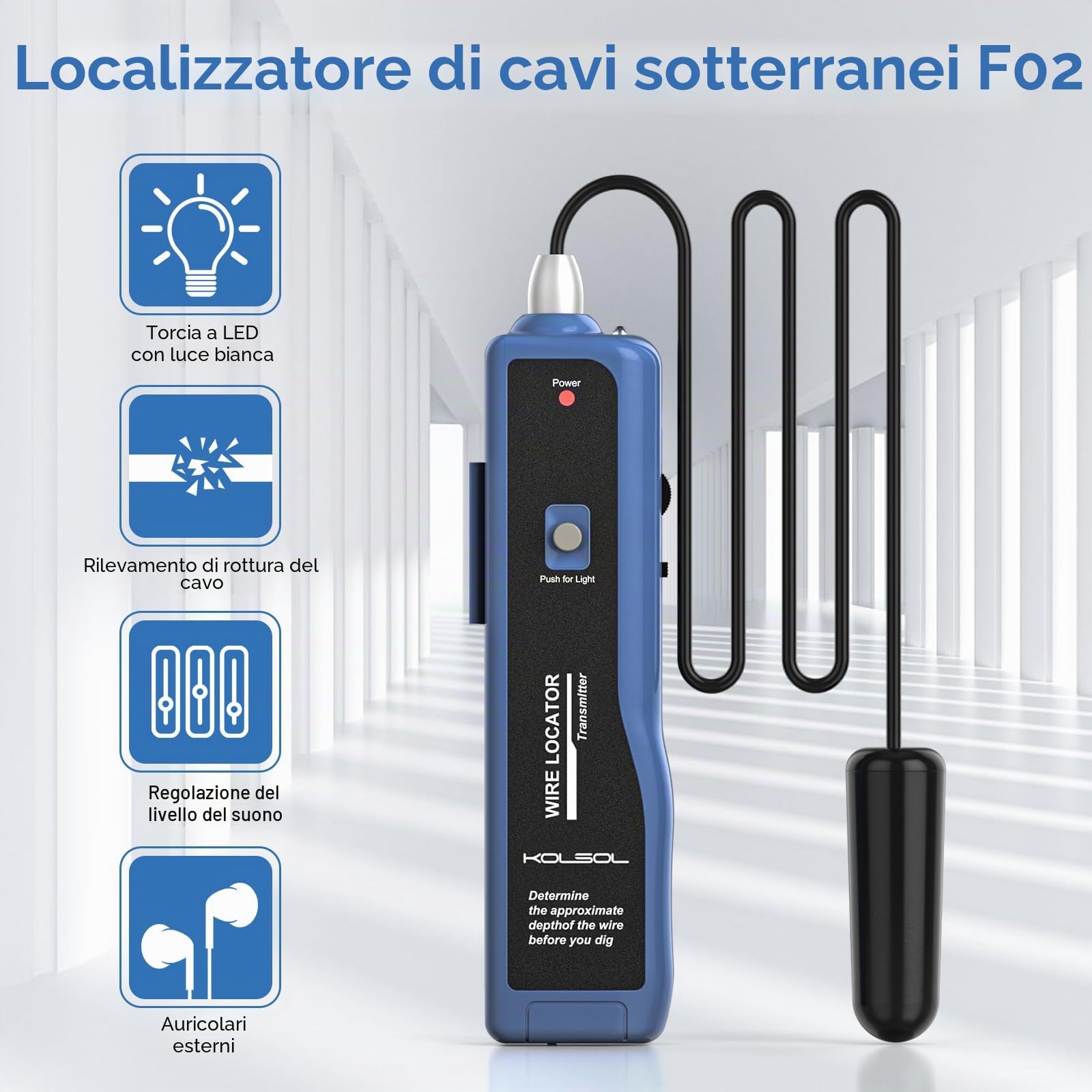 Tester per cavi sotto terra F02 Pro per trovare fili e fili di controllo, filo di recinzione per animali domestici, dotato di batteria ricaricabile da 1100 mAh