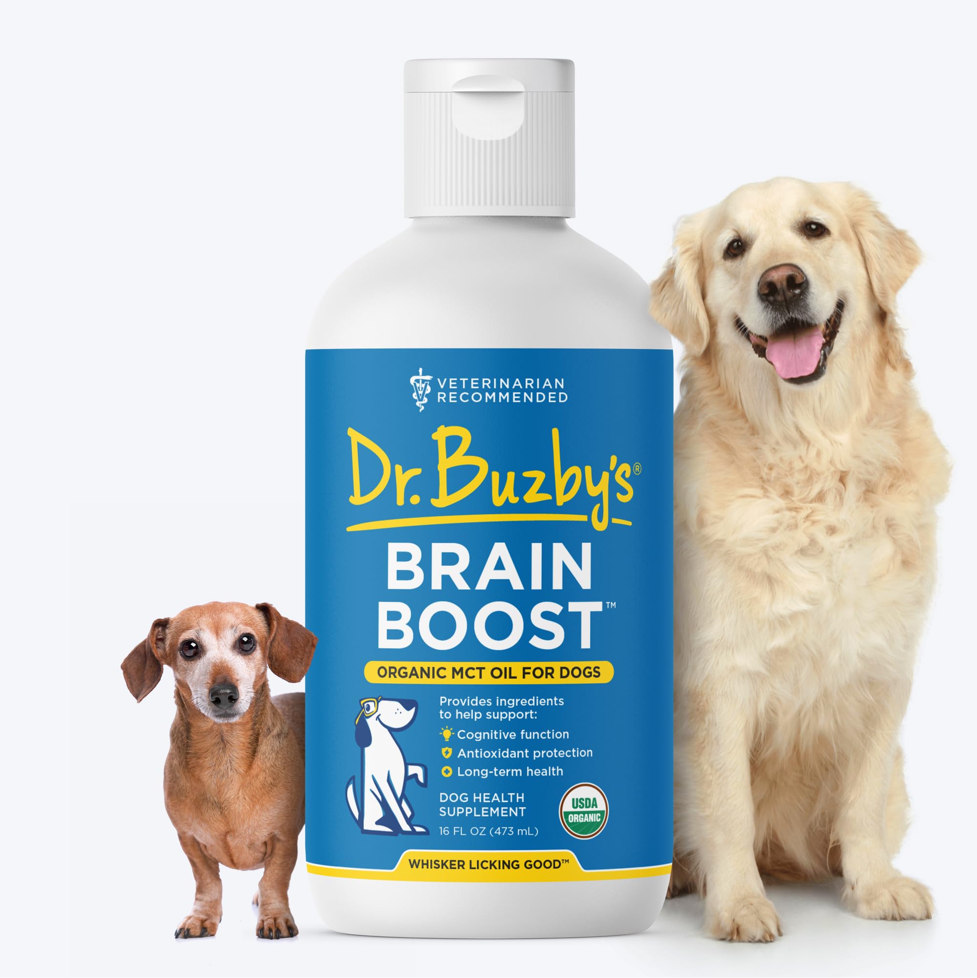 Dr. Buzby’s Brain Boost Organic MCT Oil for Dogs, 16 Oz Human Grade MCTs C8, C10, Senior Dog Dementia, Made from Pure Organic Coconut Oil, Medium