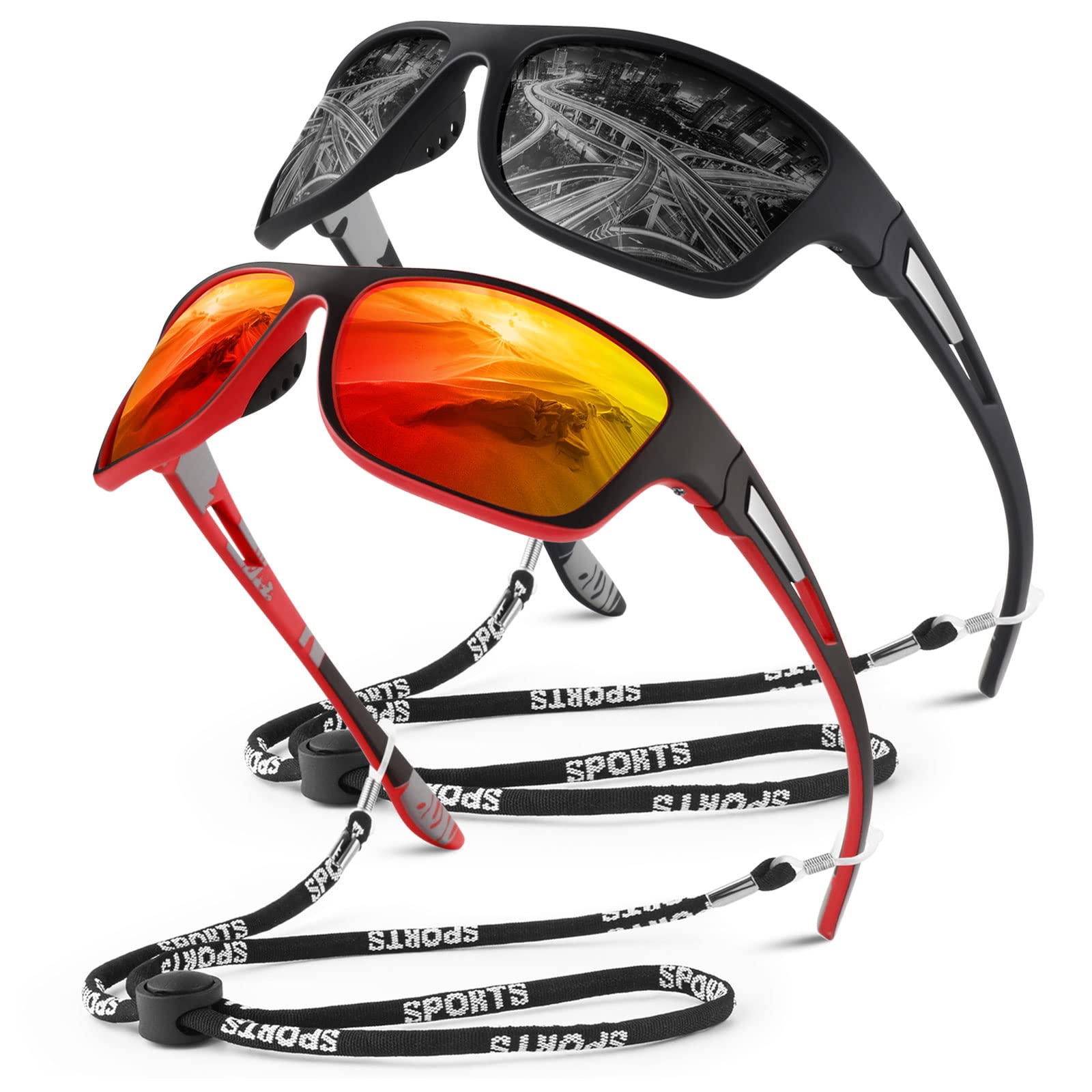 Occhiali da sole sportivi polarizzati per uomo e donna, occhiali rettangolari per pesca e guida, protezione UV400, montatura nera/lenti fumé + montatura rossa nera/lenti a specchio color ambra
