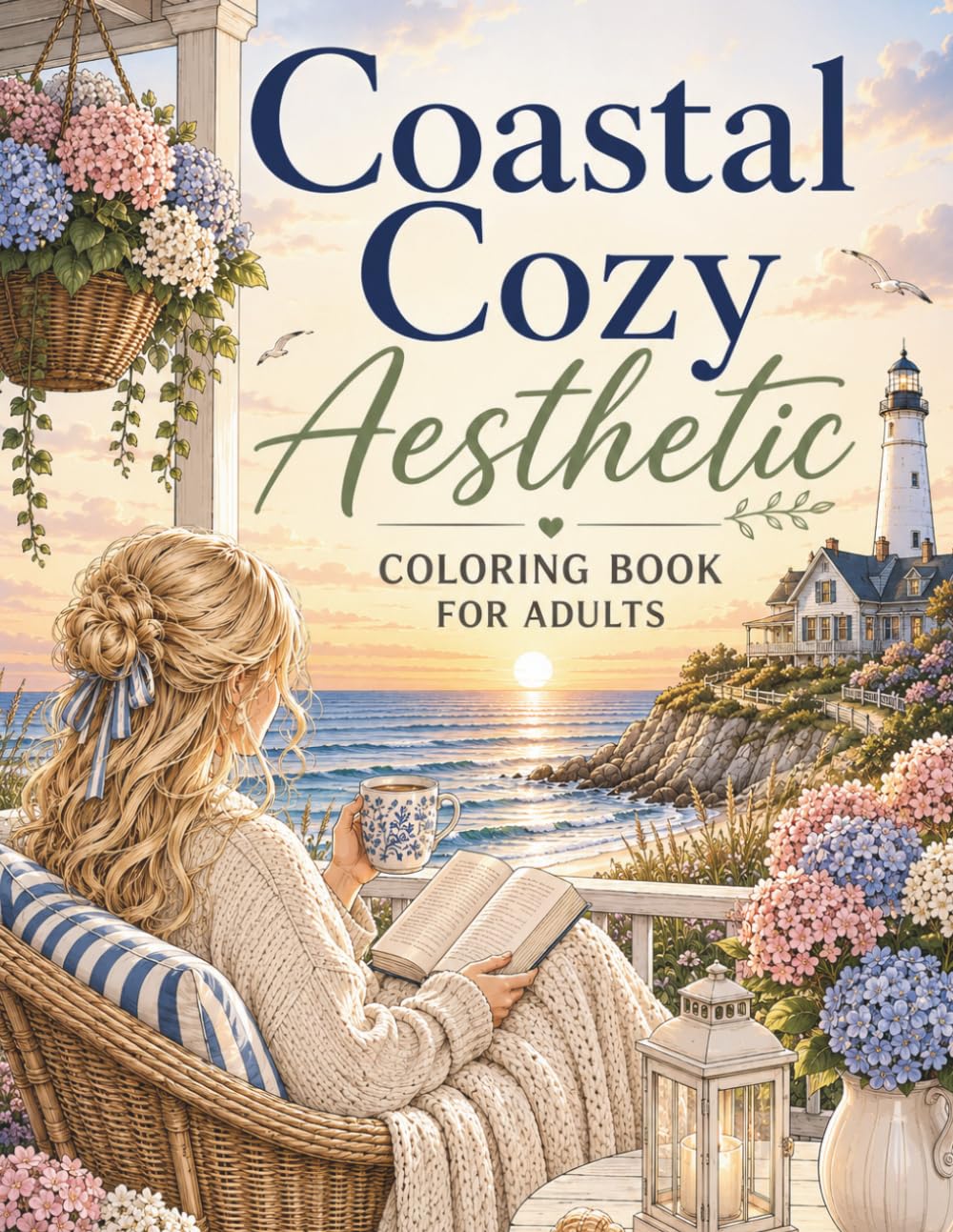 Coastal Cozy Aesthetic Coloring Book: 40 Relaxing Seaside Coloring Pages Filled with Ocean Views, Cozy Homes, Coffee Moments, Reading Escapes, and Beachside Charm (The Cozy Aesthetic Collection)