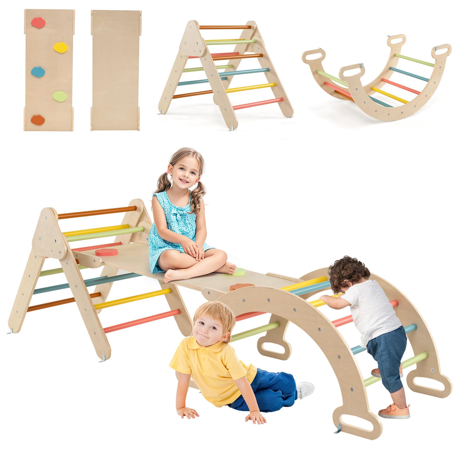 Maxmass Kids Climbing Triangle Set, 3-in-1 Toddler Climber with Ladder, Reversible Ramp & Arch, Wooden Climbing Playground for Indoor & Outdoor (Macaron)