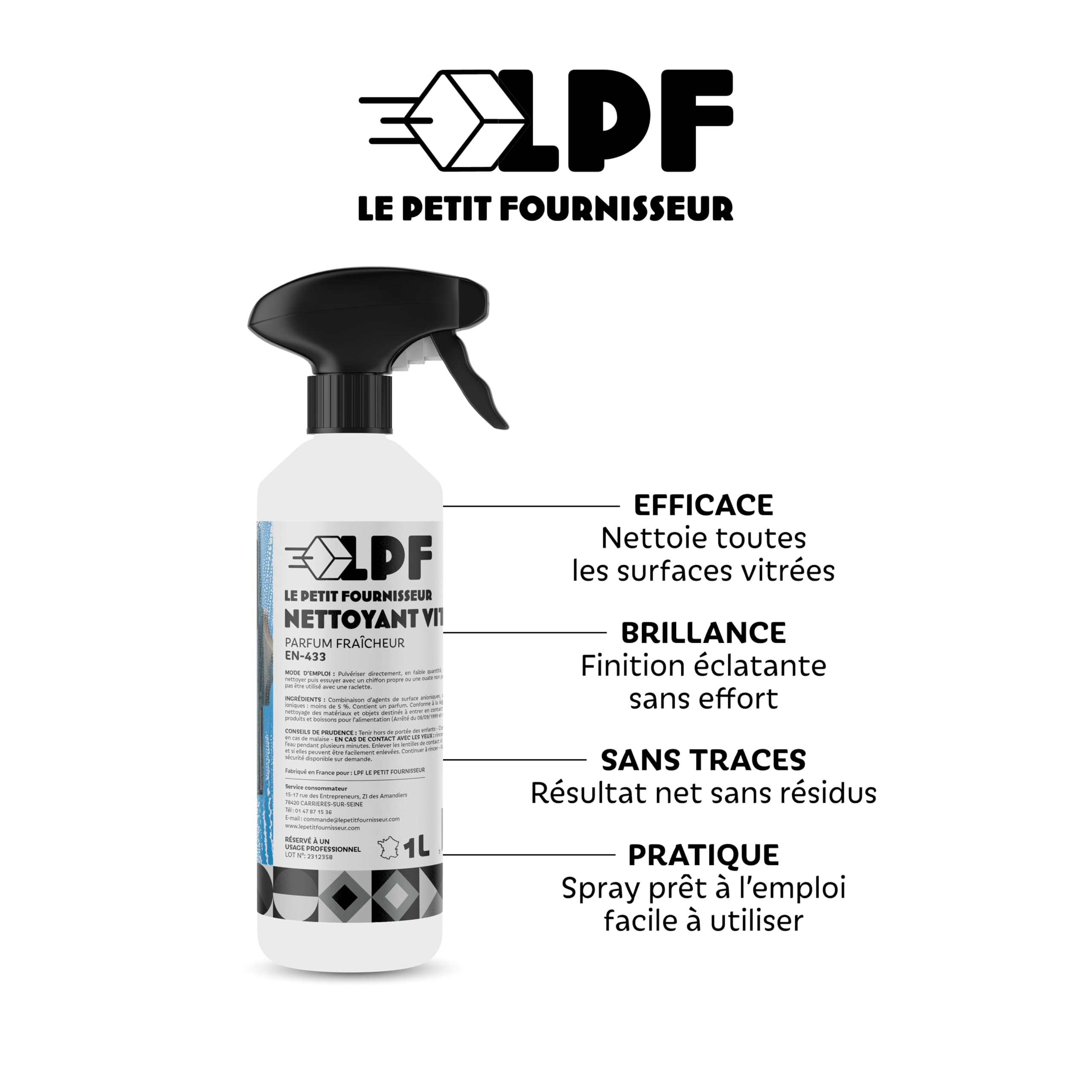 LPF LE PETIT FOURNISSEUR - Nettoyant Vitres Spray 1L - Produit Vitres Sans Trace - Action Anti-Buee Dégraissante - Surfaces Verre Miroir Plexiglas - Prêt à l'Emploi - Lot de 12