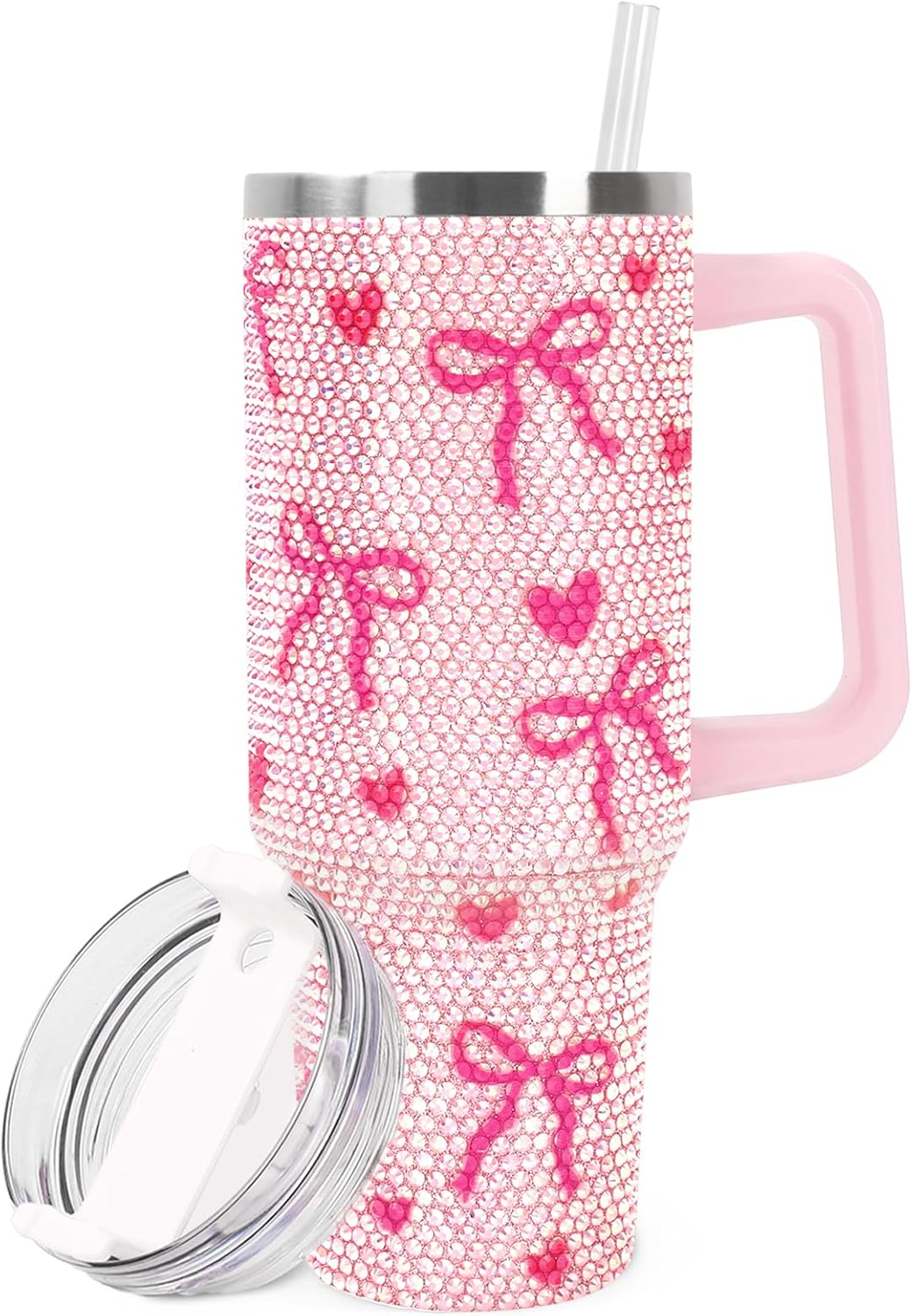 JarThenaAMCS Valentine's Day Pink Bow Tumbler with Lid and Straw 40oz Rhinestone Bowknot Heart Tumbler with Handle for Women Girls Stainless Steel Cup for Home Office Travel Gift