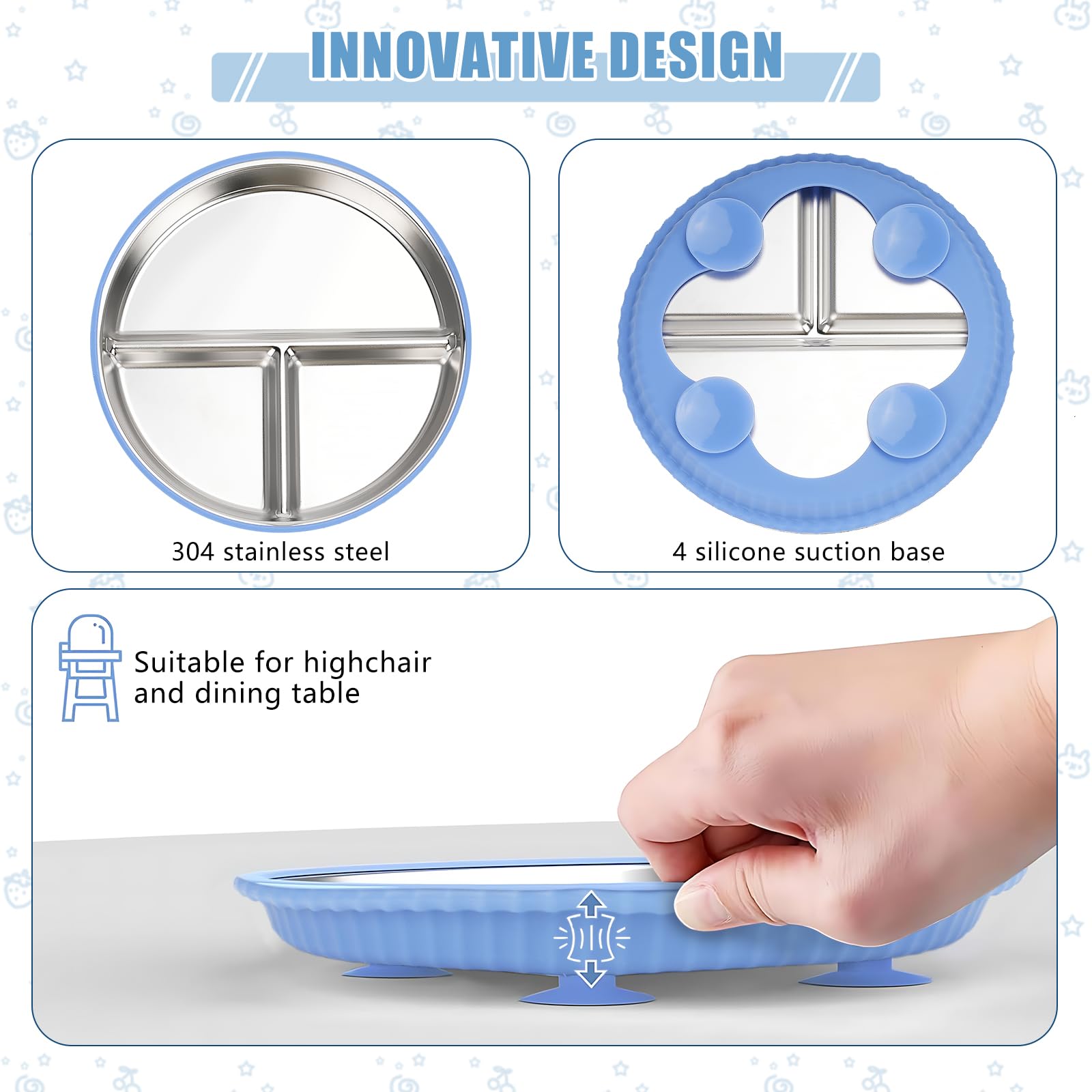 Lot de 2 assiettes à ventouse en acier inoxydable, 1 fourchette et cuillère en acier inoxydable, antidérapantes, accessoires BLW, pour lave-vaisselle, sans BPA, bleu