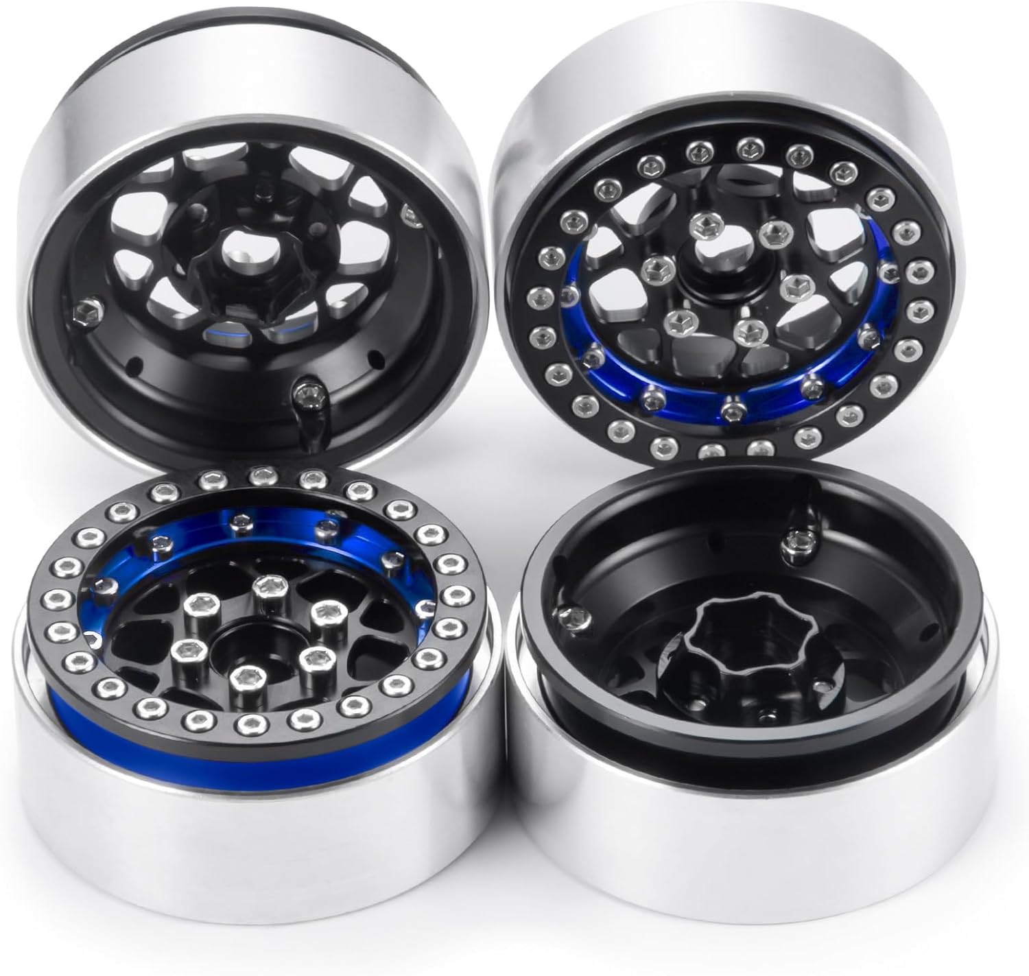 4PCS Beadlock Rims 1.9 Inch Wheels RC Rim Hub Aluminum Beadlock Rims for SCX10 CC01 F350 D90 90034 TRX4 1/10 RC Crawler - 12mm Hex (Matte Black+Blue)