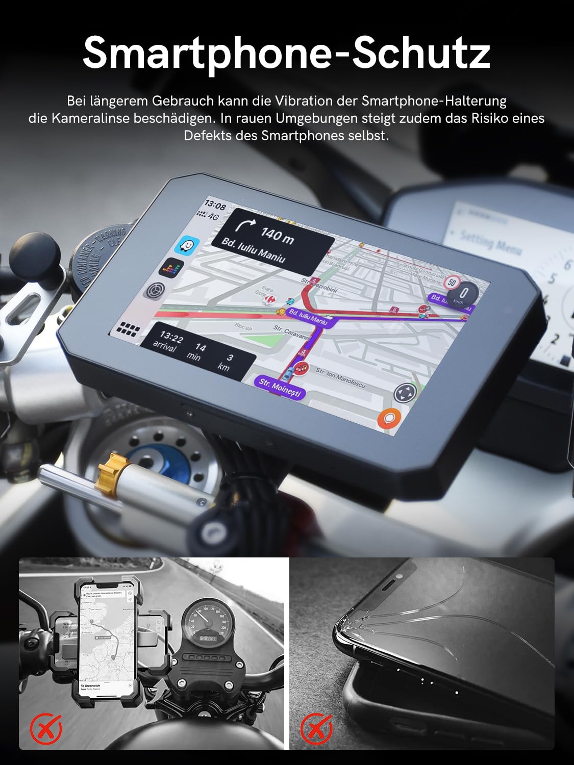 Motorrad Navi Display, CarPlay- & Android Auto kompatibel, 5 Zoll Wasserdichtem Touchscreen, Integriertes GPS, IP68 Wasserdicht, Front-/Rückkameras Motorrad Fahrrekorder
