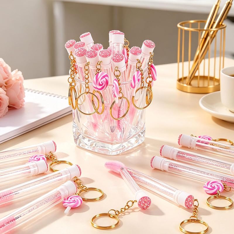 SANARITA Conjunto com 48 escovinhas descartáveis para máscara de cílios com estojo e chaveiro, Branco/Rosa/Rose