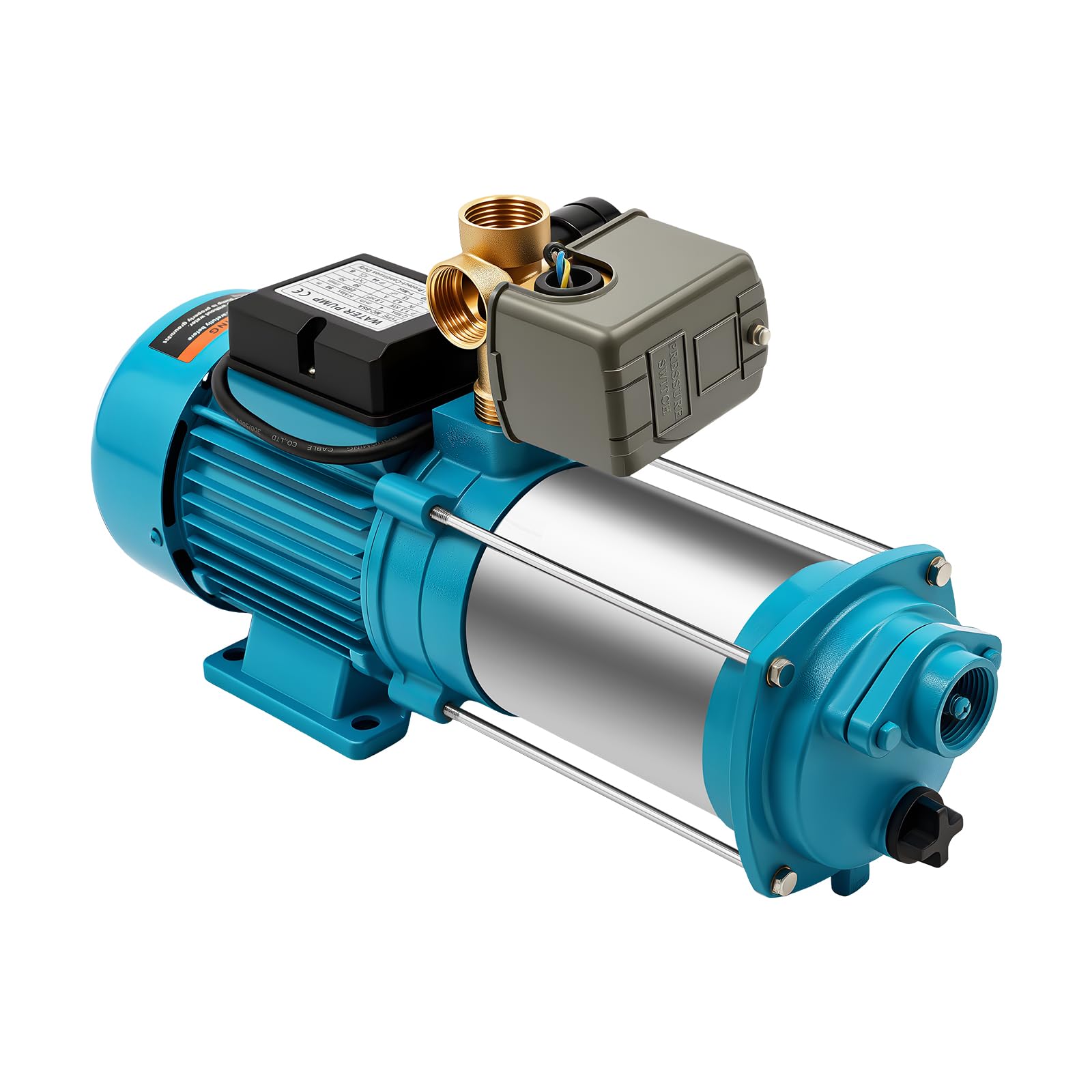 Pompe centrifuge auto-amorçante 4000 l/h 1,3 kW Pompe de jardin avec pressostat 8 m Hauteur d'aspiration Pompe à eau améliorée en acier inoxydable Pompe de jardin avec manomètre Pompe de