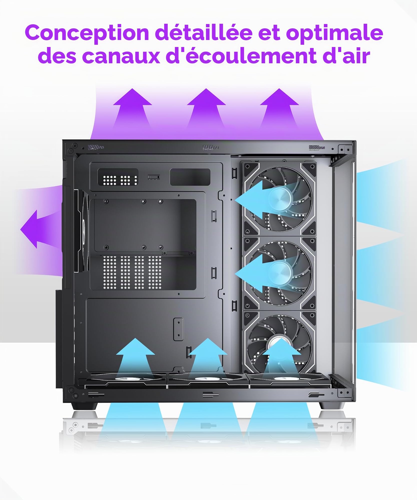 MUSETEX Y6 Boîtier PC, 7 Ventilateurs ARGB PWM Infinity Mirror préinstallés, Vue 270° en Verre Trempé, Connectique Type-C, Boîtier PC Gamer Mid-Tower ATX, Noir