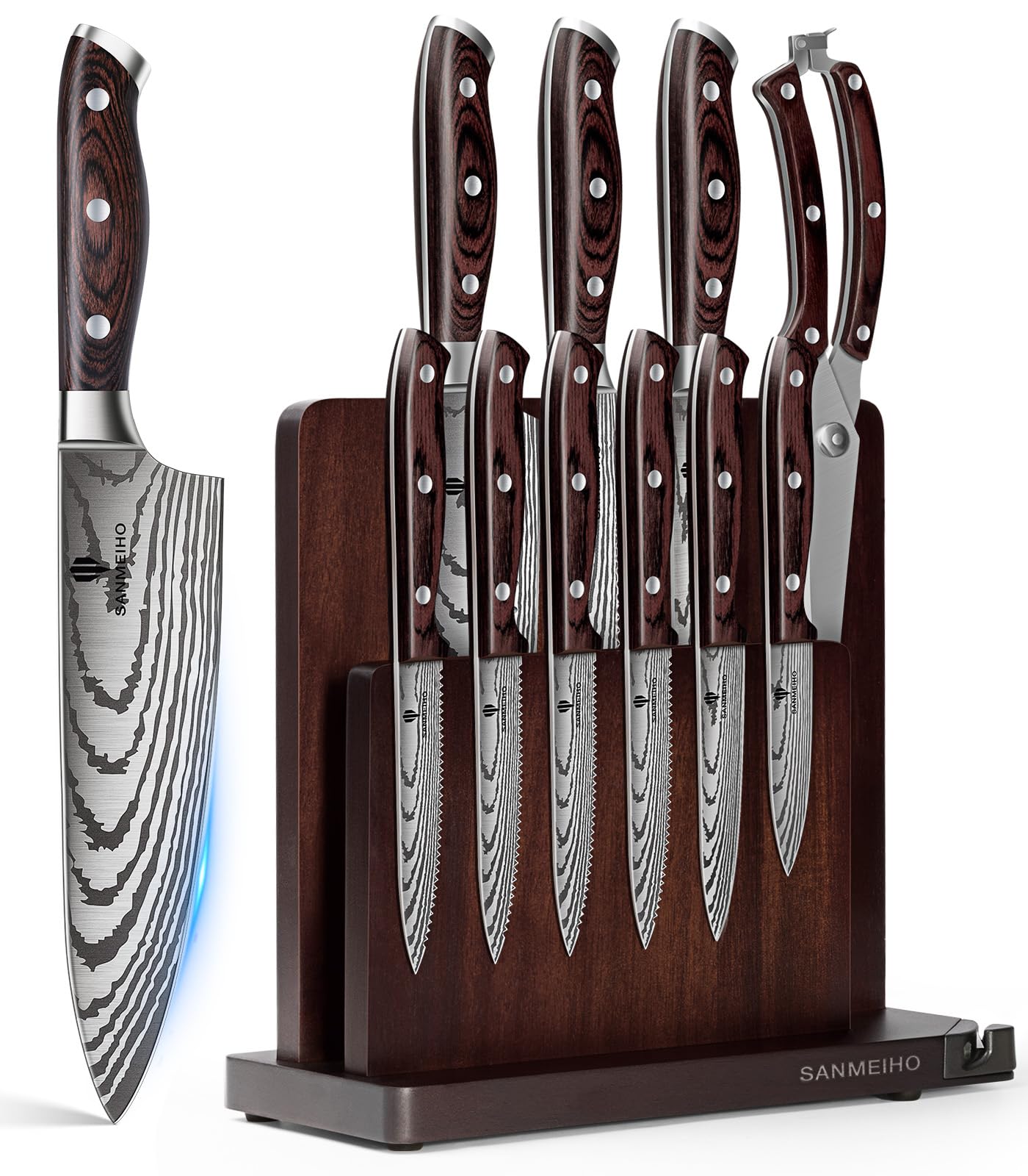 12-Piece Magnetic Knife Set with In-Block Sharpener & 2-Tier Stand