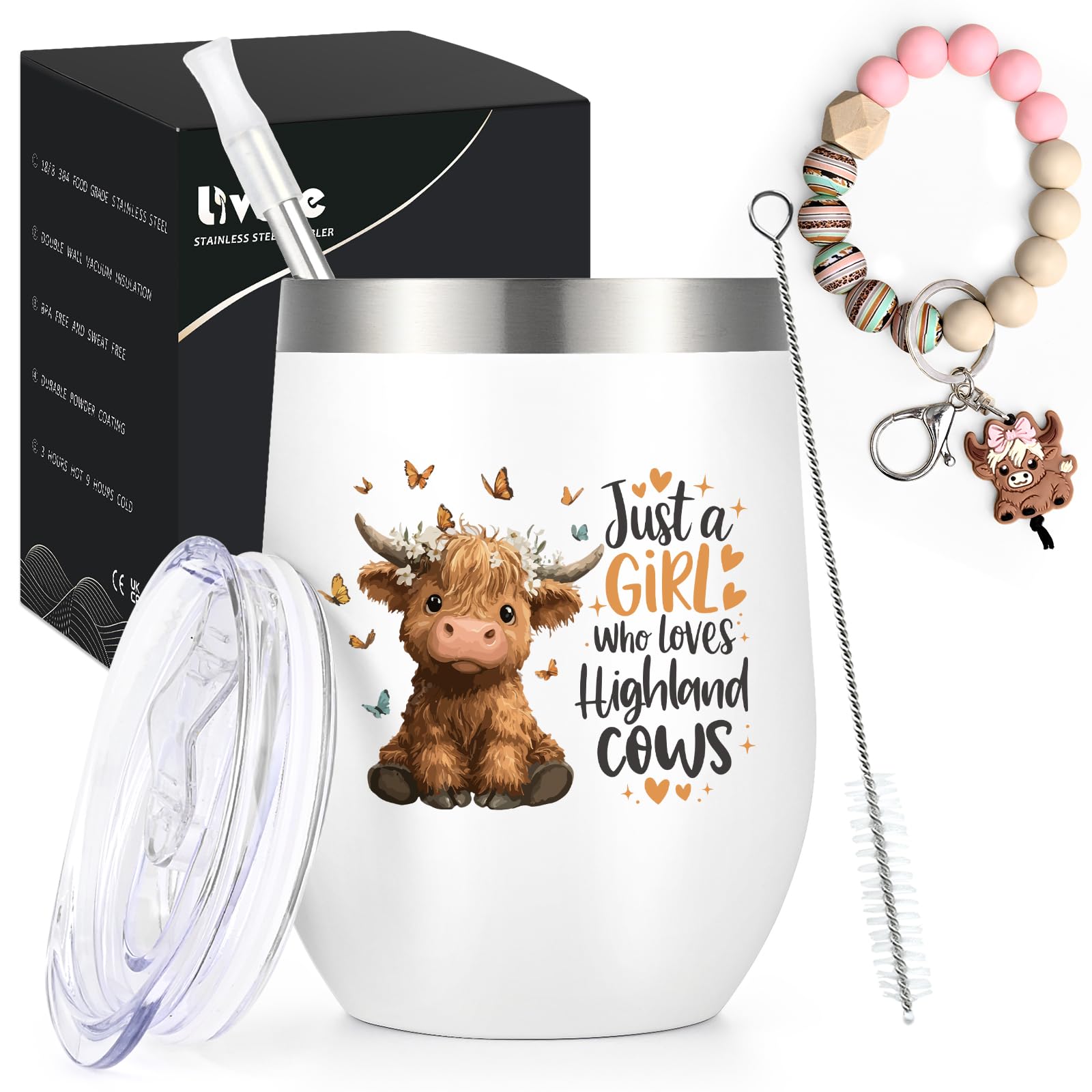 Livole Highland Cow Gifts for Women, Girls, Her, Christmas Presents for Girls, Daughter, Sister, Just A Girl Who Loves Highland Cows, Funny Keychain Bracelet, 12oz Wine Tumbler, 350ml Coffee Mug