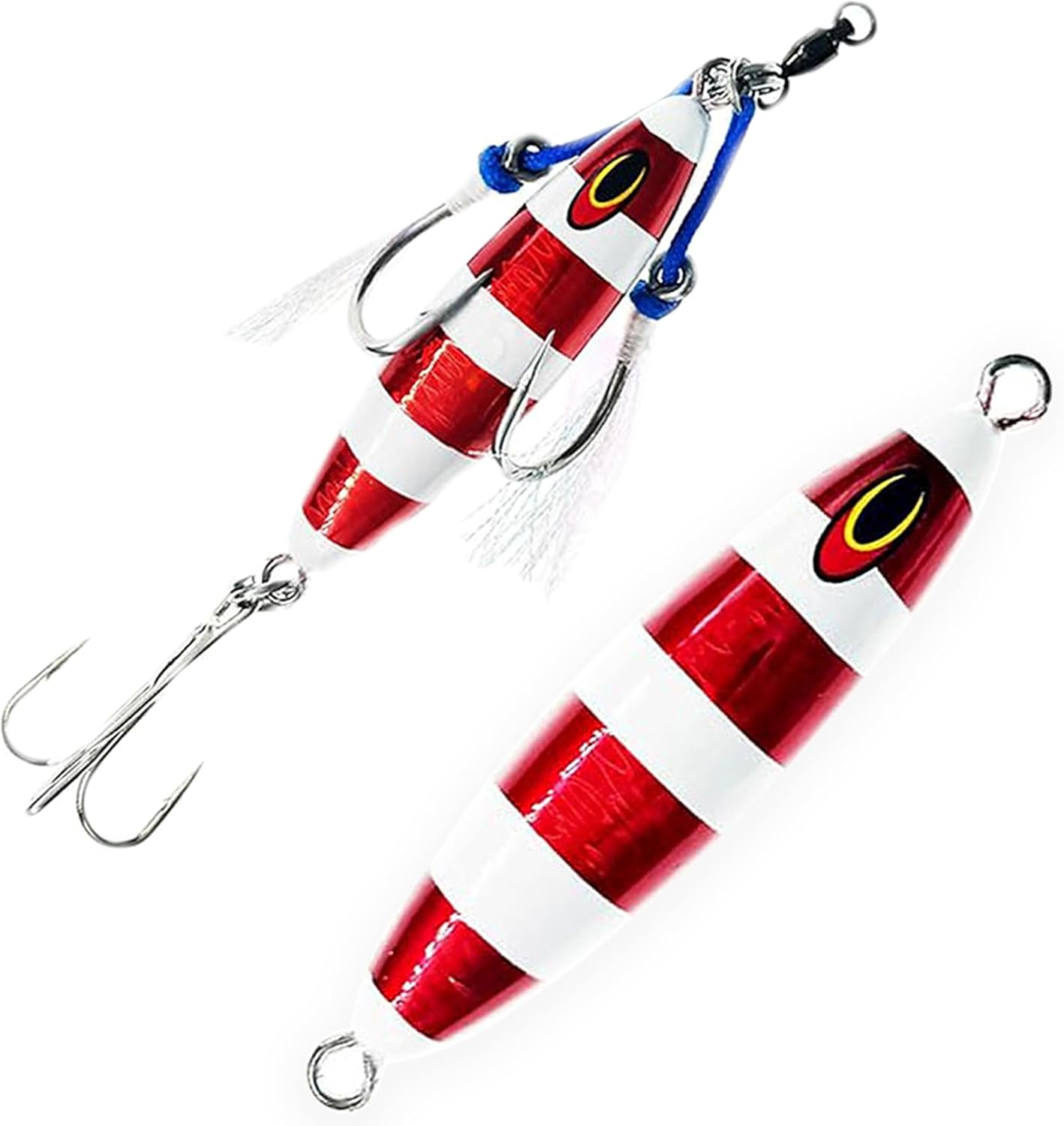 5" Eddie Bomb Vertical Flat Fall Jigs, 2 Pcs Red Zebra Glow 16oz Rigged & Unrigged, for Offshore Tuna Jigging, Includes Heavy-Duty Jig Bodies, Ideal for Bluefin Tuna & Big Game Saltwater Fishing