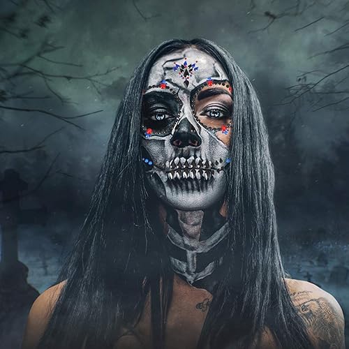 Miniatura 5 de Lurrose Día de los Muertos Calavera Gemas Joyas Tatuajes, 4 piezas de diamantes de imitación joyas de Halloween calcomanías de tatuaje para