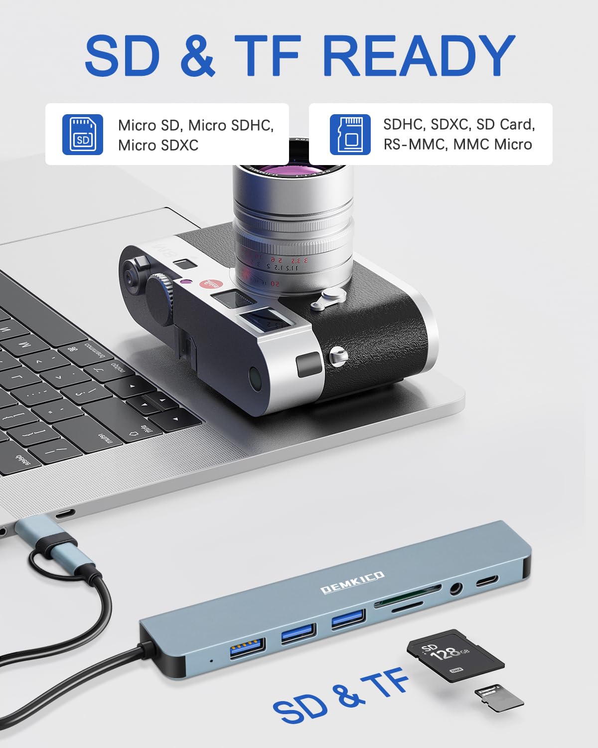 Hub USB 8 w 1 z podwójnym złączem USB-A/USB-C 4 porty USB (szary) | Czytnik SD/TF, gniazdo audio 3,5 mm i port danych USB-C dla MacBook Pro/Air/XPS