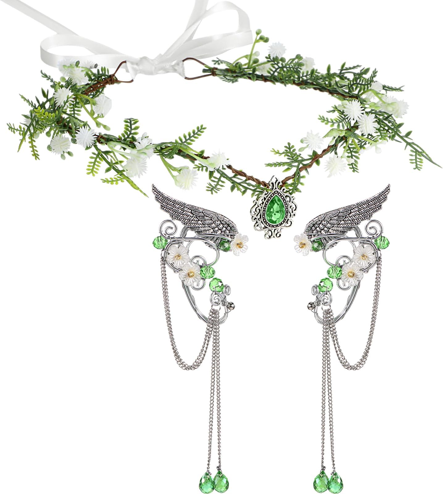Zeyune Halloween Elves Cosplay Set Fairy Flower Crown Headpiece Elf Ears Cuffs Renaissance Costume Leaf Elves Wings Ear Cuff, Green, Woodland
