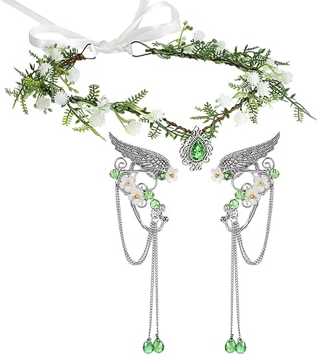 Conjunto de cosplay de elfos de Halloween, corona de flores de hada, tocado con orejas de elfo, puños renacentistas, flores, hojas, elfos, alas