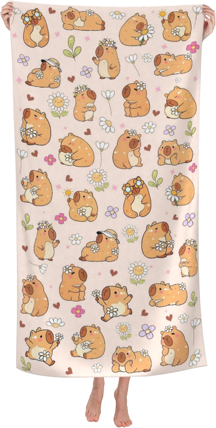 Capybara Beach Towel, Microfiber Oversized Beach Towel, Lightweight Quick Dry Sandproof Towels 60”x30” for Swim Pool Yoga Gym Camping Beach Essentials Accessories (Capybara 1)
