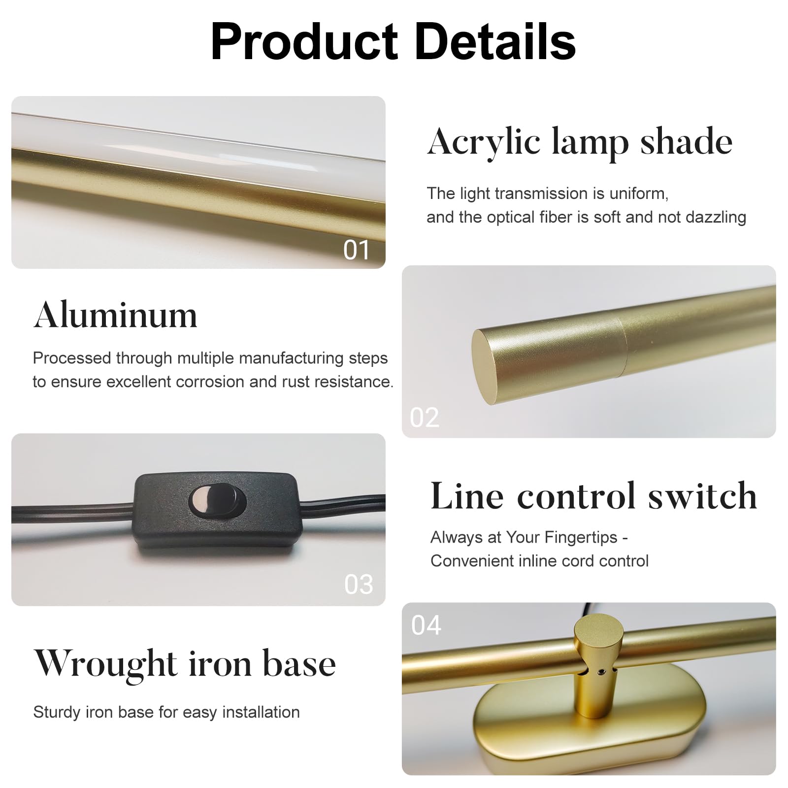 Lampada frontale a specchio a LED con spina, luce lineare per bagno, lampada da specchio per il trucco dorata, lampada da parete minimalista a striscia lunga con interruttore on/off