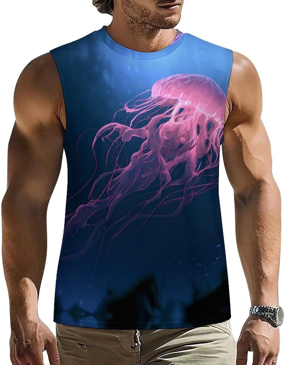 Glowing Jellyfish Men Summer Sleeveless Crew Neck Top 5XL