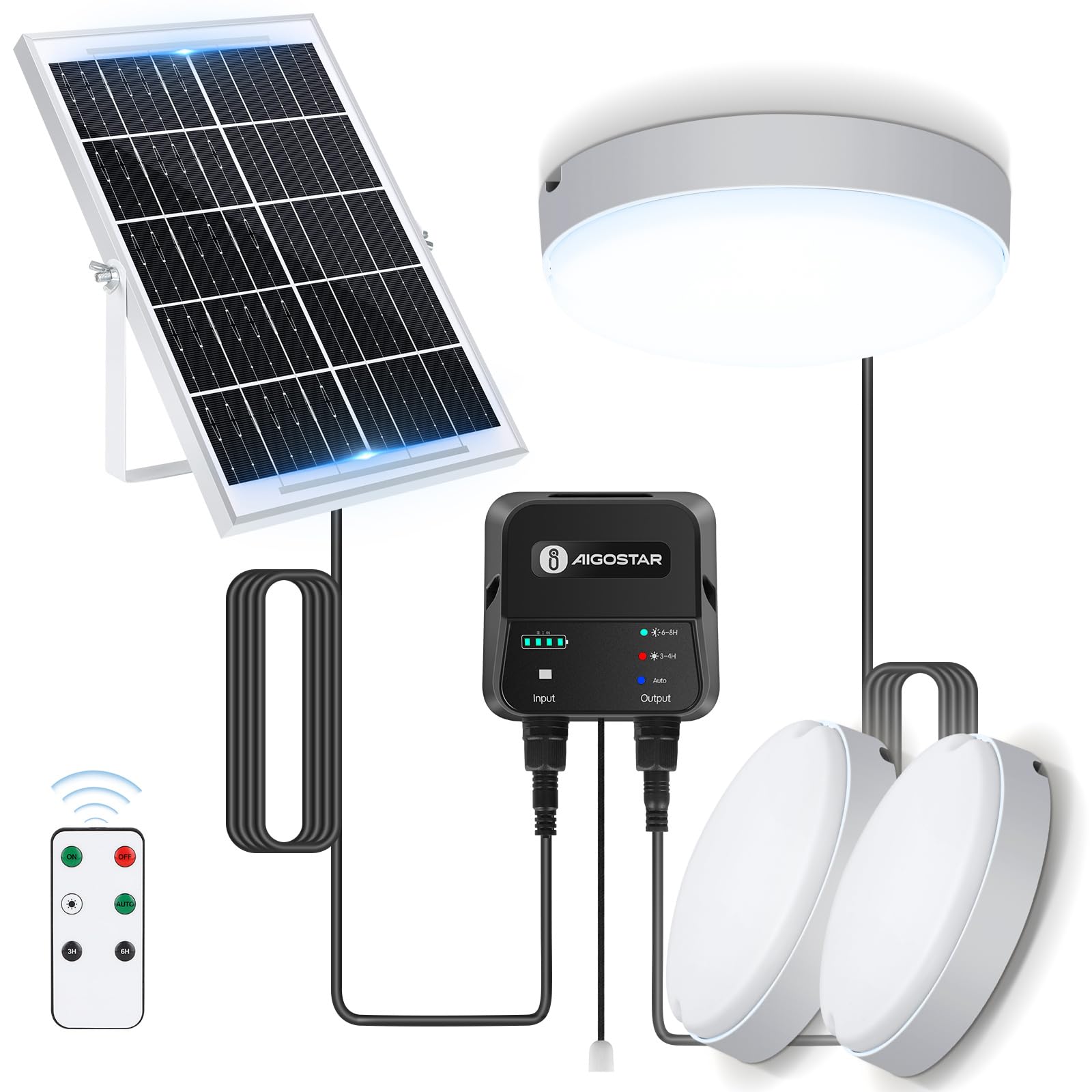 Aigostar Luz Solar Interior Exterior 70W Plafón LED Techo Solar con Caja de Almacenamiento de Energía, Mando a Distancia, IP65 Impermeable, Cable de 8m, Ajustable 6500K, 2pcs
