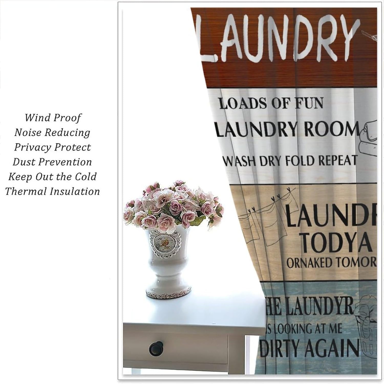 Laundry Room Curtains, Rustic Wash Dry Fold Repeat Quotes Farm Planks Blackout Window Treatments, Rod Pocket Thermal Insulated Drapes 2 Panel Sets for Bedroom Living Room Kitchen, 42"W X 54"L