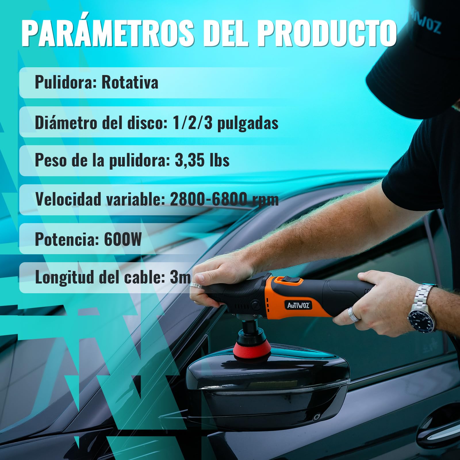 AUTIWOZ Set de Mini Pulidora de Coche Rotativa, Pulidora Pequeña 630W | Pulidora rotativa coche (630W/6 velocidades), mini pulidora con platos de 1/2/3", ejes de acero inoxidable (7,5/10/14cm)
