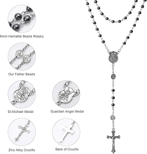 Miniatura 3 de SZQCZB Rosario de San Miguel y Ángel Guardián Católico para Hombres Mujeres, Medalla de Arcángel y Ángel de la Guarda con caja de regalo de metal y