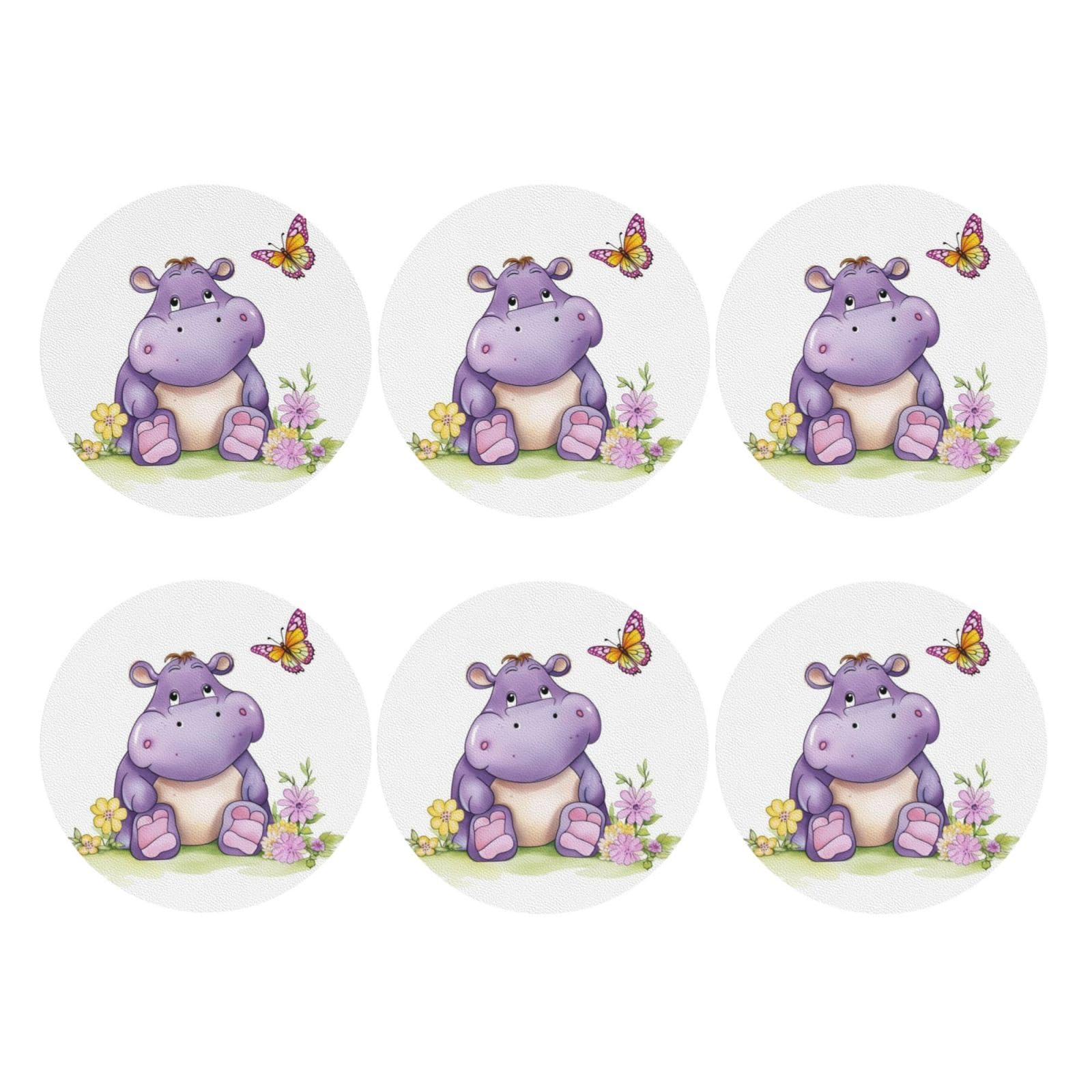 6pcs Leather Coasters for Drinks, Butterfly and Hippo Drink Coasters for Tabletop Protection, 4" Cup Coasters for Coffee Table Decor, Non-Slip Drinking Cup Mat for Hot Or Cold Drink