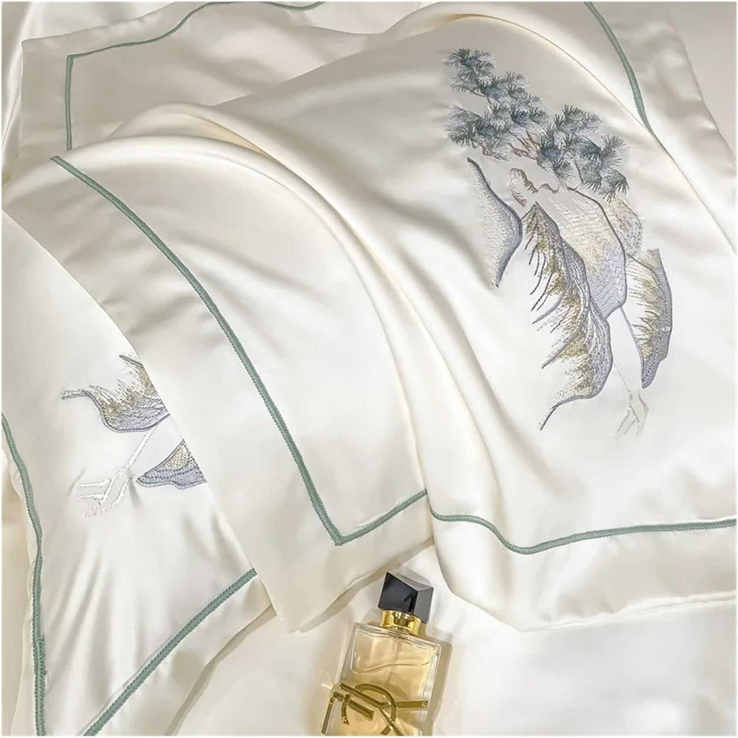 Bed Four Pieces Set Chinese Style Landscape Embroidery Luxury Bedding Set Smooth Duvet Cover Set Soft Quilt Cover Bed Sheet Set Pillowcases(White,Fitted-Queen Size 4PCS)