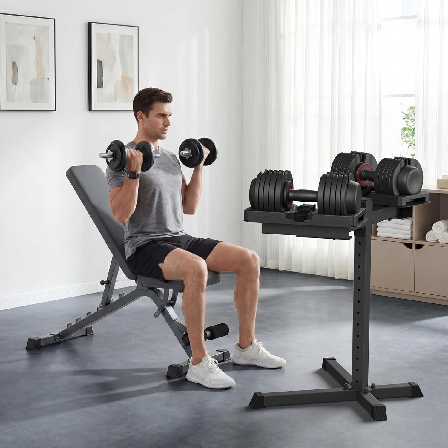 Jusgym Adjustable Dumbbell Stand, 35" Height Adjustable Dumbbell Rack, 300LBS Capacity Home Gym Storage Rack with 90°Rotating Platform（Rack Only）