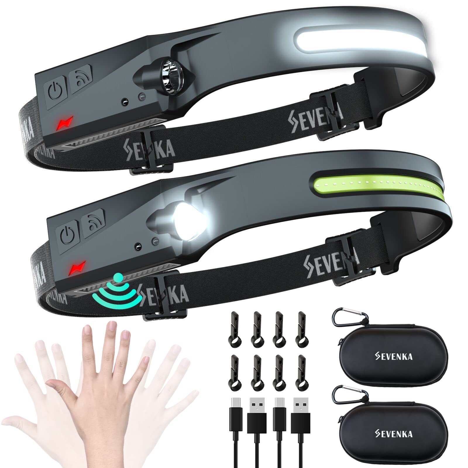 SEVENKA Stirnlampen, wiederaufladbar, 2er-Pack, Stirnlampen, Taschenlampen mit Tragetasche, breiter Strahler und Strahler mit Bewegungsmelder