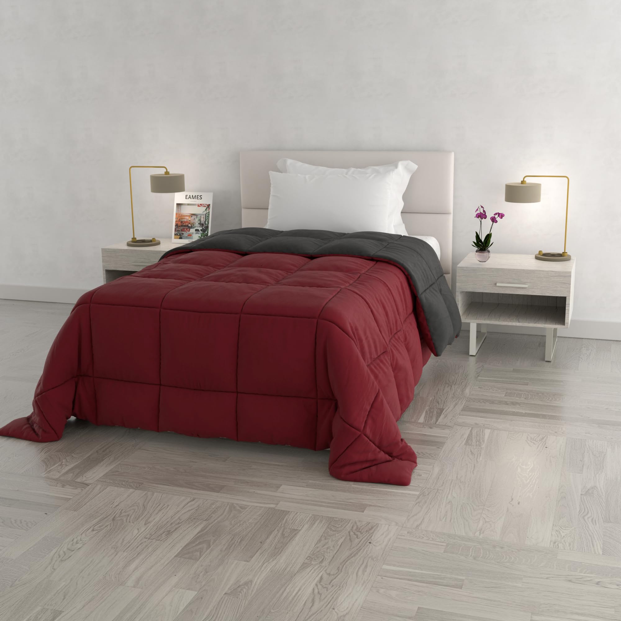 Italian Bed Linen Winter Quilt Elegant,220 x 260 cm,Bordeaux/Dark Gray